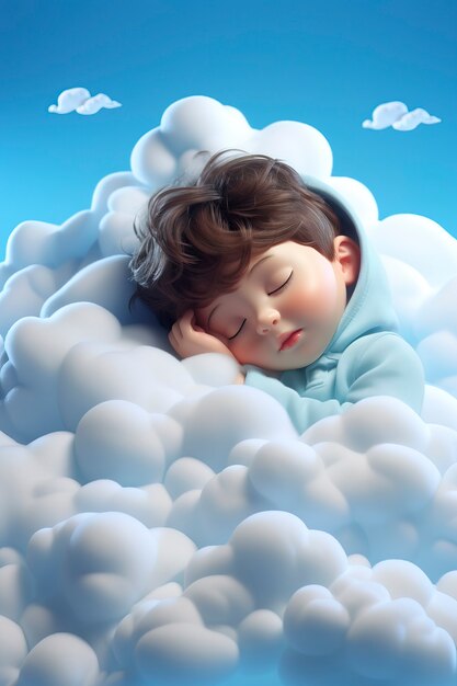 Vista de una persona en 3D durmiendo en las nubes