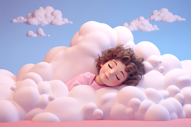 Vista de una persona en 3D durmiendo en las nubes