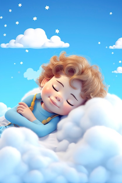 Foto gratuita vista de una persona en 3d durmiendo en las nubes