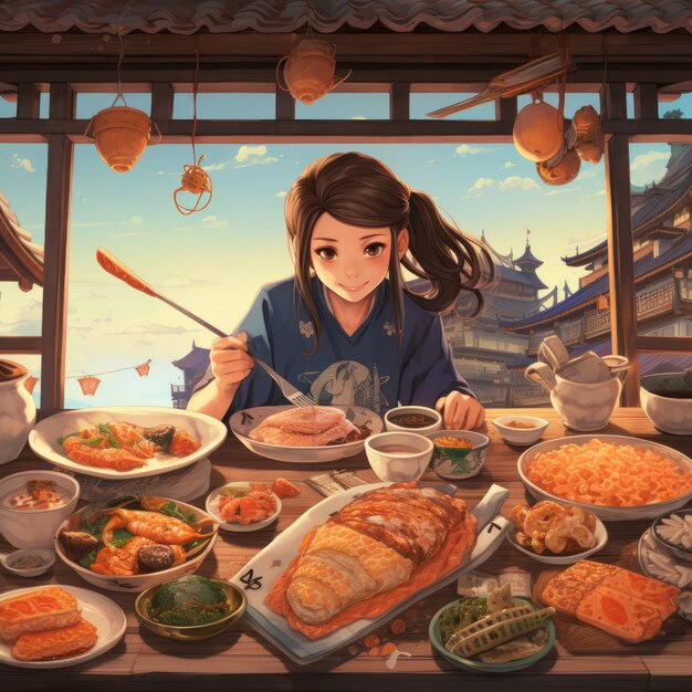 Vista de una persona disfrutando de una comida deliciosa en una cena de reunión al estilo anime