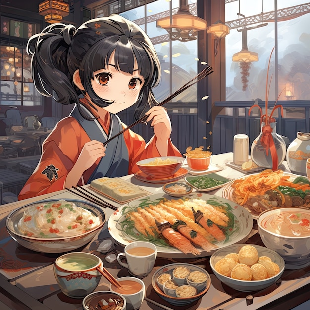 Foto gratuita vista de una persona disfrutando de una comida deliciosa en una cena de reunión al estilo anime