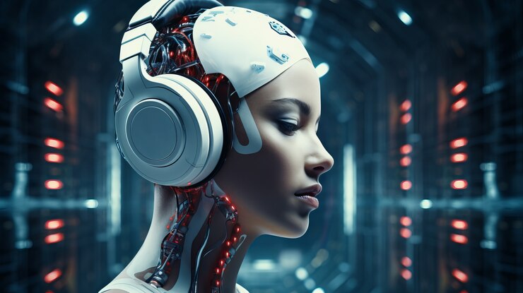 Foto gratuito vista de una persona futurista escuchando música con auriculares