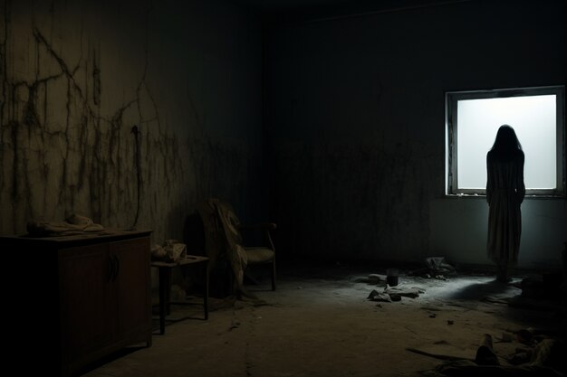 Vista de una persona misteriosa en una habitación oscura y aterradora