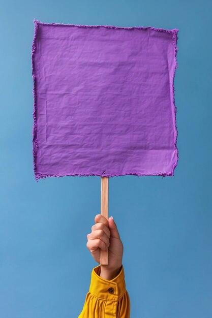 Foto gratuita vista de una persona sosteniendo un cartel púrpura en blanco para la celebración del día de la mujer