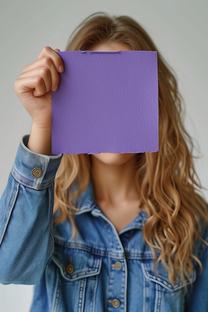 Foto gratuita vista de una persona sosteniendo un cartel púrpura en blanco para la celebración del día de la mujer