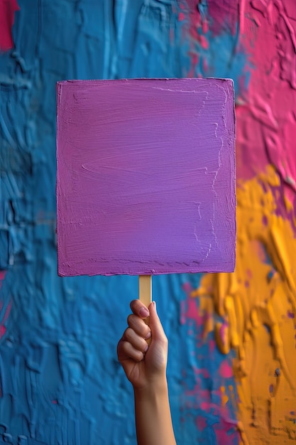 Foto gratuita vista de una persona sosteniendo un cartel púrpura en blanco para la celebración del día de la mujer