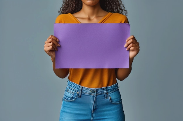 Foto gratuita vista de una persona sosteniendo un cartel púrpura en blanco para la celebración del día de la mujer