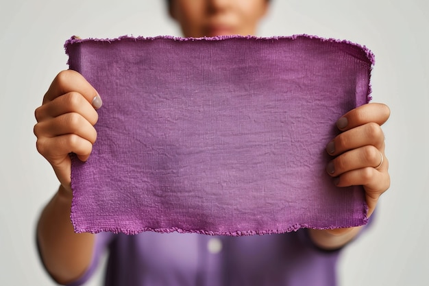 Vista de una persona sosteniendo un cartel púrpura en blanco para la celebración del Día de la Mujer
