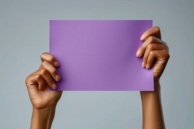 Foto gratuita vista de una persona sosteniendo un cartel púrpura en blanco para la celebración del día de la mujer