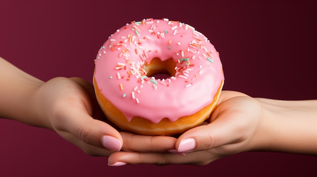 Foto gratuita vista de una persona sosteniendo una deliciosa rosquilla esmaltada