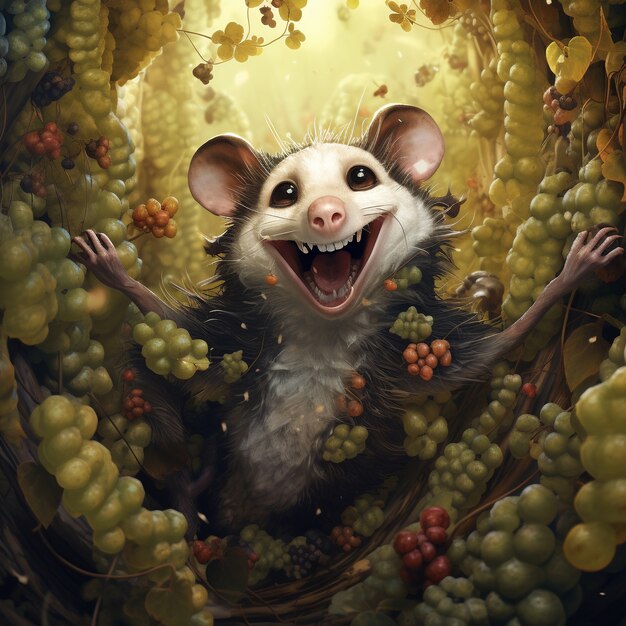 Vista del personaje de dibujos animados de zarigüeya con uvas
