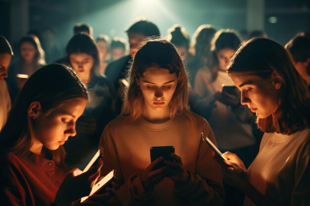 Vista de personas adictas a sus teléfonos inteligentes mirando y desplazándose por las pantallas