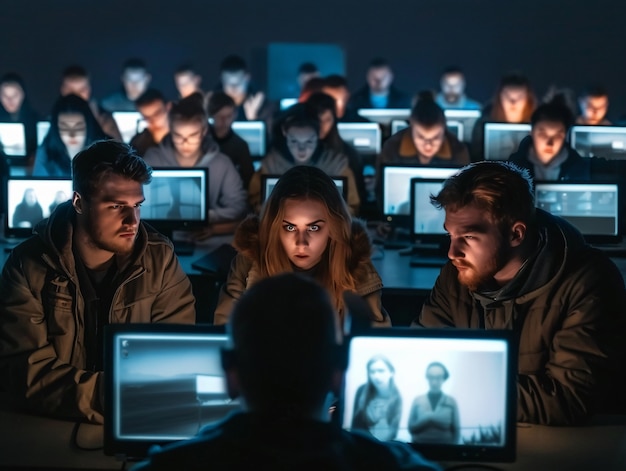 Vista de personas adictas a sus teléfonos inteligentes mirando y desplazándose por las pantallas