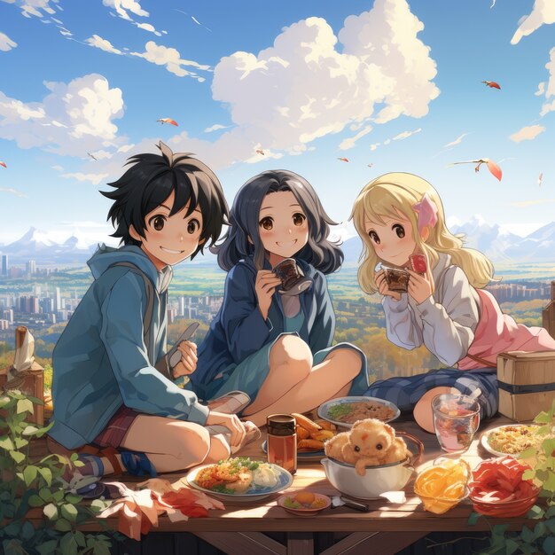 Vista de personas disfrutando de una comida deliciosa en la cena de reunión al estilo anime