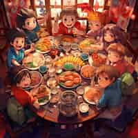 Foto gratuita vista de personas disfrutando de una comida deliciosa en la cena de reunión al estilo anime