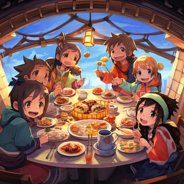 Foto gratuita vista de personas disfrutando de una comida deliciosa en la cena de reunión al estilo anime