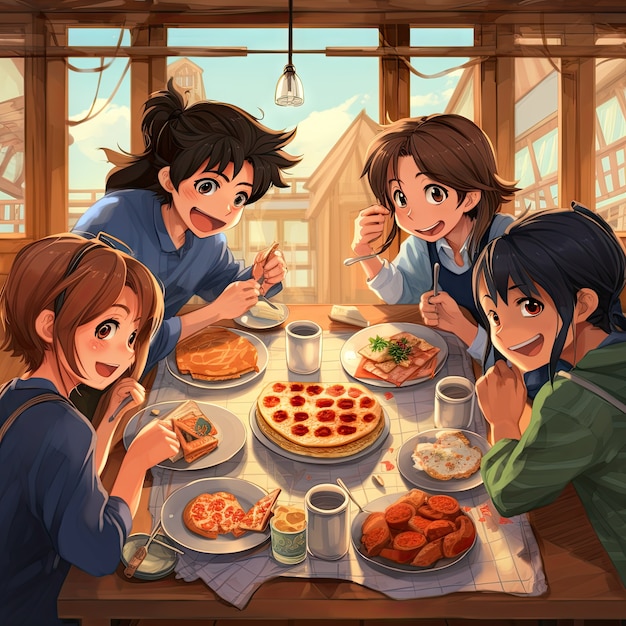 Foto gratuita vista de personas disfrutando de una comida deliciosa en la cena de reunión al estilo anime