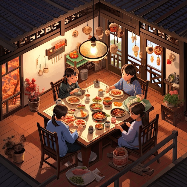 Foto gratuita vista de personas disfrutando de una comida deliciosa en la cena de reunión al estilo anime