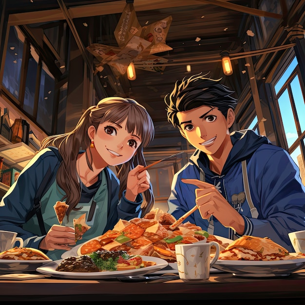 Foto gratuita vista de personas disfrutando de una comida deliciosa en la cena de reunión al estilo anime