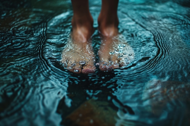 Vista de pies realistas tocando el agua corriente clara