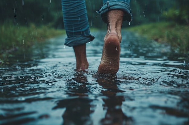 Vista de pies realistas tocando el agua corriente clara