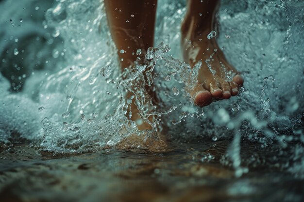 Vista de pies realistas tocando el agua corriente clara