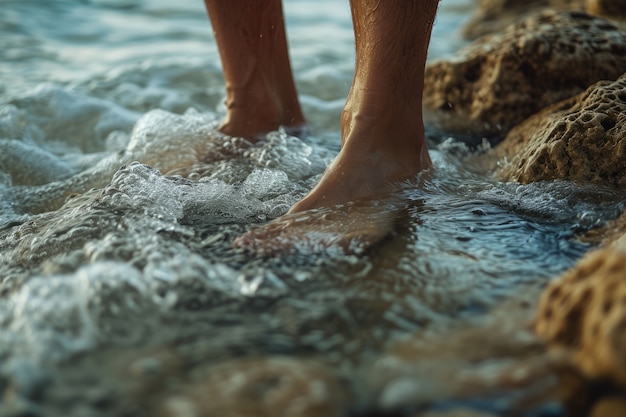 Foto gratuita vista de pies realistas tocando el agua corriente clara