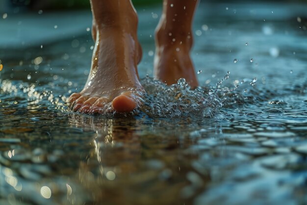 Vista de pies realistas tocando el agua corriente clara