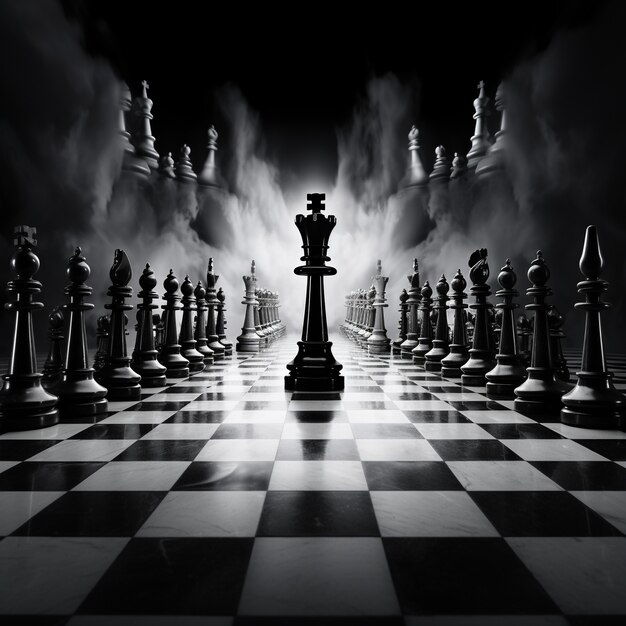 Vista de piezas de ajedrez con fondo dramático y místico.