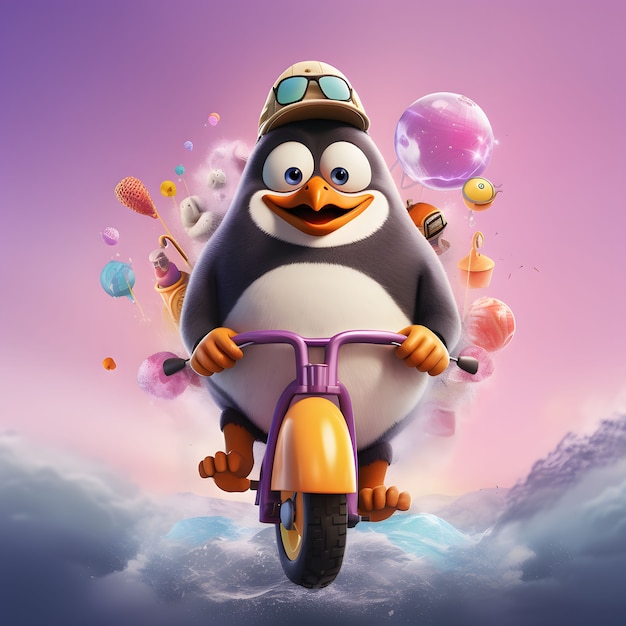 Foto gratuita vista del pingüino 3d animado de dibujos animados en scooter