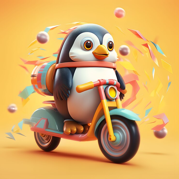 Foto gratuito vista del pingüino 3d animado de dibujos animados en scooter