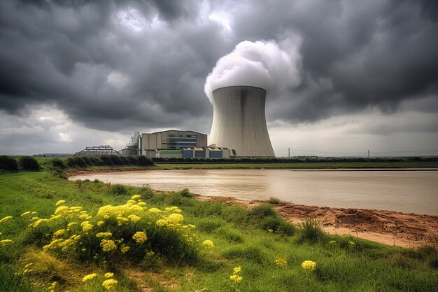 Vista de la planta de energía nuclear con la torre dejando salir el vapor del proceso