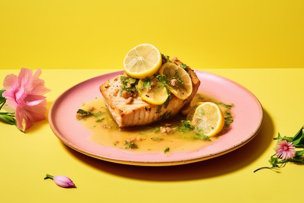 Foto gratuita vista del plato de pescado mahi-mahi con rodajas de limón