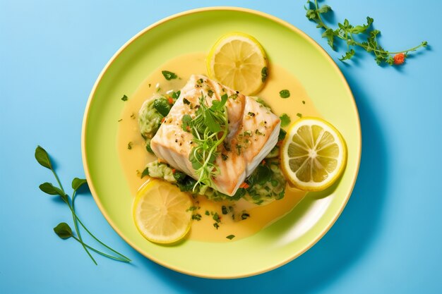 Vista del plato de pescado mahi-mahi con rodajas de limón