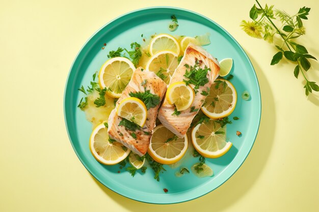 Vista del plato de pescado mahi-mahi con rodajas de limón