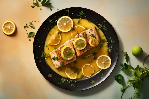 Foto gratuita vista del plato de pescado mahi-mahi con rodajas de limón