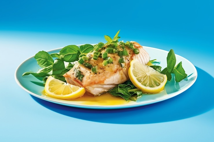 Foto gratuito vista del plato de pescado mahi-mahi con rodajas de limón