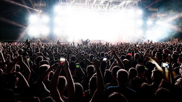 Vista posterior de la audiencia emocionada con los brazos levantados animando frente al escenario en el concierto de música Espacio de copia