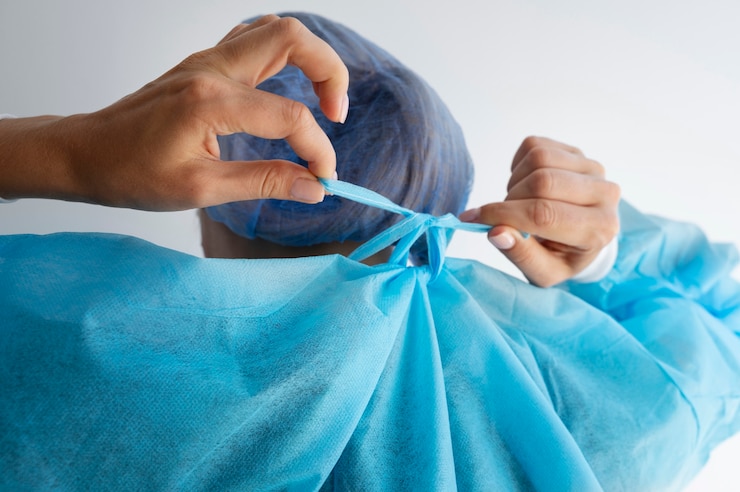 Foto gratuito vista posterior de la correa del vestido médico atado médico