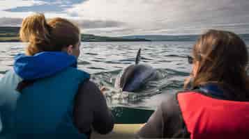 Foto gratuita vista posterior de la gente viendo nadar a los delfines.