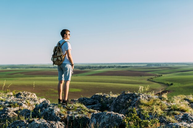Vista posterior del hombre joven que se coloca encima de la roca que mira paisaje verde