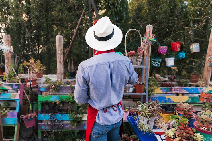 Foto gratuito vista posterior de un hombre con sombrero trabajando en el jardín doméstico