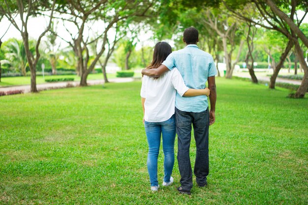 Vista posterior de la joven pareja multiétnica abrazándose y caminando en el parque.