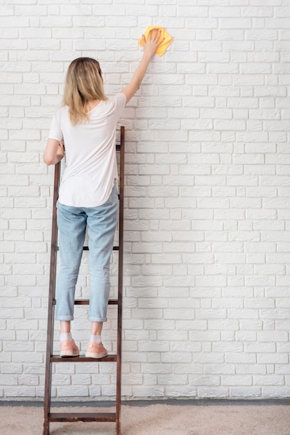 Vista posterior de la mujer limpiando la pared de ladrillo en una escalera
