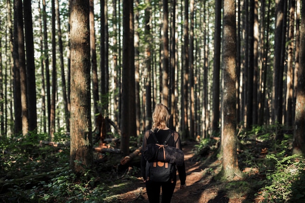 Vista posterior de la mujer con su mochila caminando en el bosque