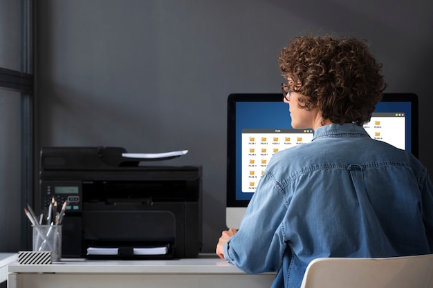 Foto gratuita vista posterior mujer trabajando en el escritorio