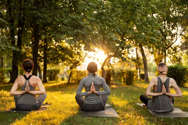 Vista posterior mujeres meditando al aire libre