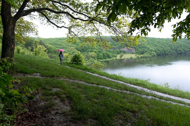 Vista posterior de una niña bajo un paraguas en un paseo por el bosque cerca del lago en tiempo de lluvia.