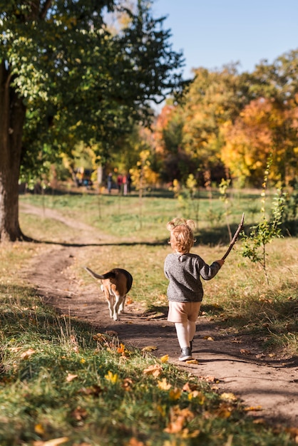 Vista posterior de una niña pequeña caminando con su perro mascota en el sendero del bosque