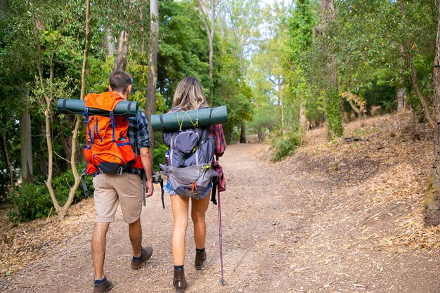 Vista posterior de la pareja a lo largo de la carretera en el bosque. Mujer de pelo largo y hombre con mochilas y senderismo en la naturaleza juntos. Árboles verdes en el fondo. Concepto de turismo, aventura y vacaciones de verano.